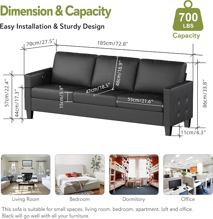 STHOUYN 73” Black Faux Leather Sofa Couch, Modern Comfy Office 3 Seater Couch - Image 2