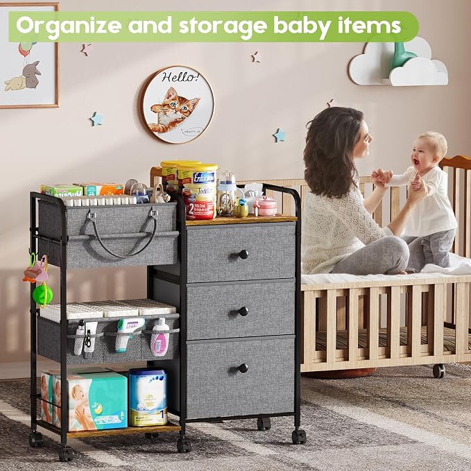 Cidaziya 2In1 Baby Diaper Caddy Organizer and Storage, 3 Tier Rolling Cart - Image 5