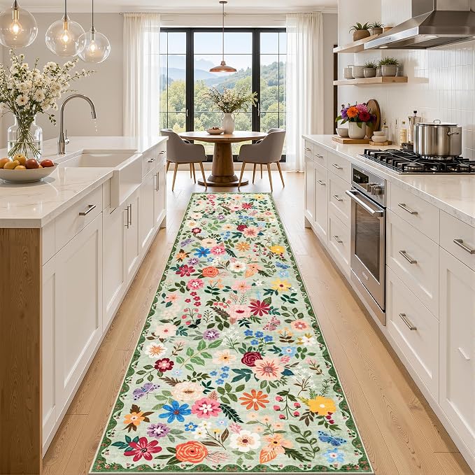 PLHXFR 2.6x14 Washable Runner Rug：Floral Indoor Kitchen Soft Carpet Green | by PLHXFRSoftAreaRugs
