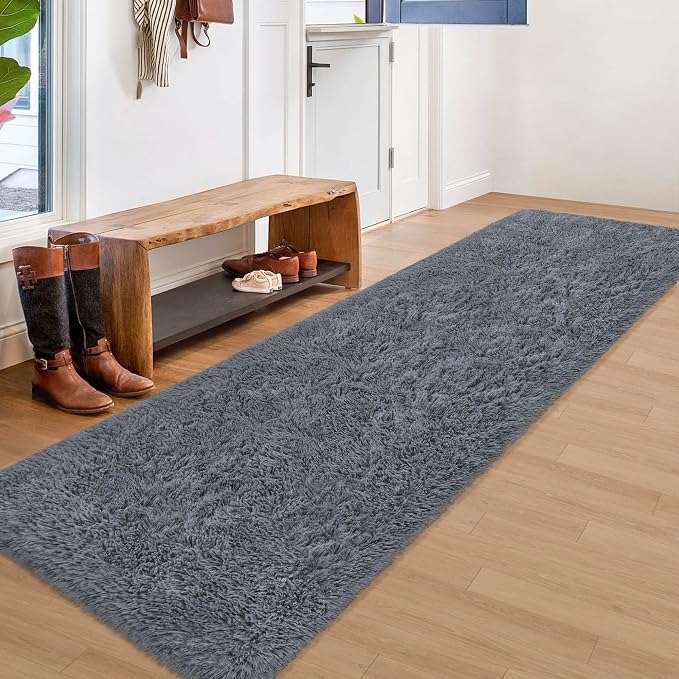 2x8 Bedside Area Rugs for Bedroom Soft Fluffy Shag Grey Rug for Hallway - Image 2