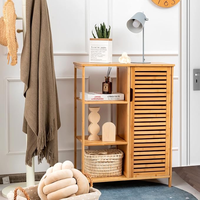 Tangkula Bamboo Bathroom Floor Cabinet, Storage Cabinet - Image 2