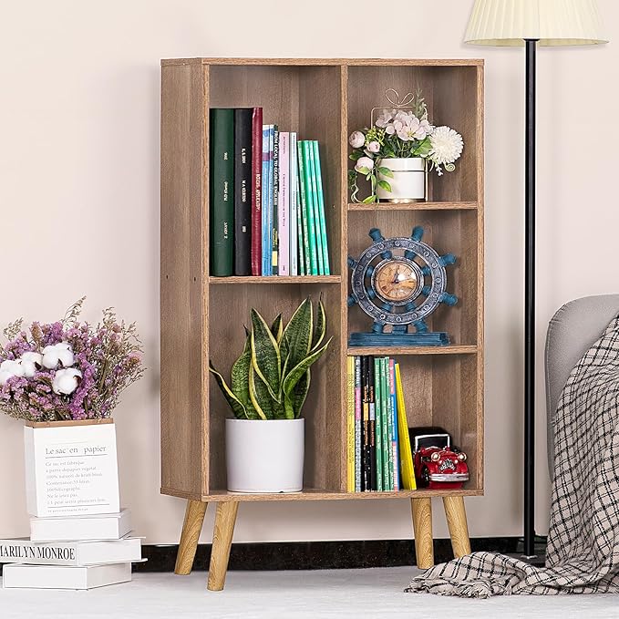 5 Cube Small Bookshelf, 3 Tier Mid-Century Modern Bookcase - Image 2