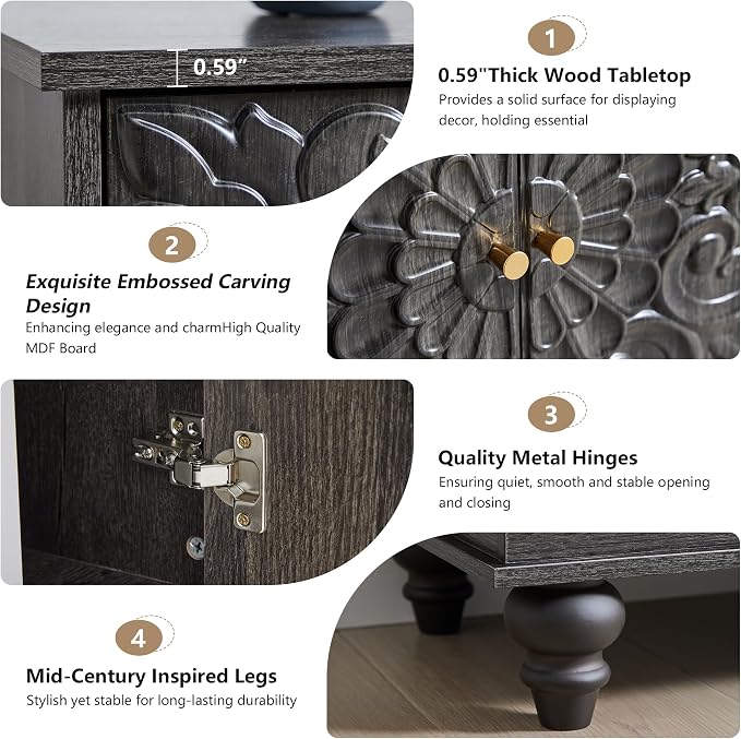 weselon Accent Cabinet with 2 Doors, Classic Carved Storage Sideboard Buffet - Image 5