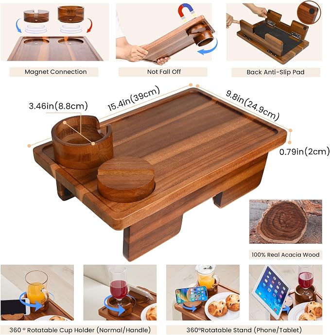 GEHE Real Acacia Wood Couch Armrest Table, 15.4"x9.8" Couch Arm Tray Table - Image 5