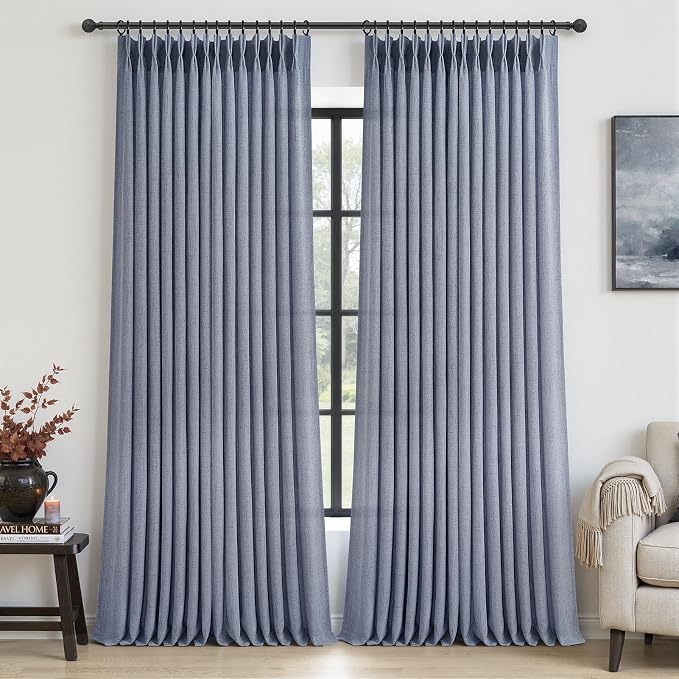Dusty Blue 102 Inch Extra Long Memory Trained Pleated Linen Sheer Curtains by PleatedDrapes