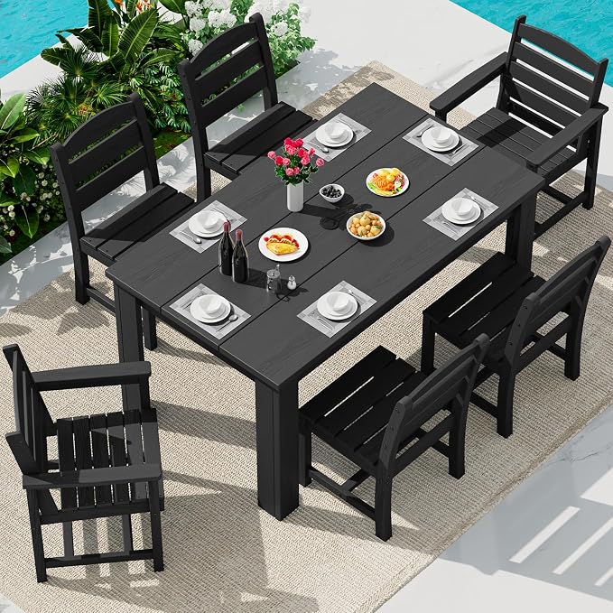 SERWALL HDPE Dining Set for 6: 1 Umbrella Hole Table, 4 Armless + 2 Armchairs. by SERWALL