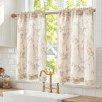 Taupe on Beige Linen Kitchen Curtains Rod Pocket 26W X 36L 2 Panels | Elisa by Lazzzy