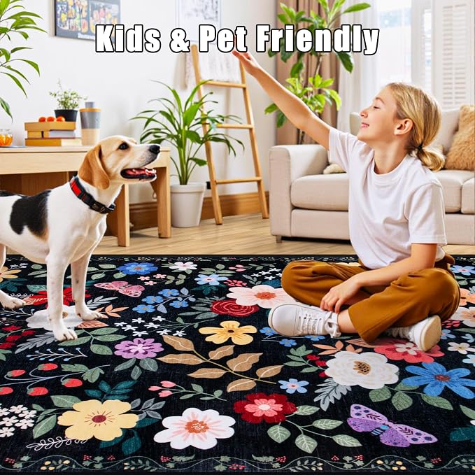 PLHXFR 3x10 Washable Runner Rug：Floral Indoor Kitchen Soft Carpet Black | - Image 6