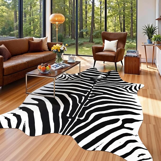 Faux Zebra Rug, Zebra Print Rug Animal Hide Rugs, 4.6 x 5.2 Ft Black | Premium - Image 3