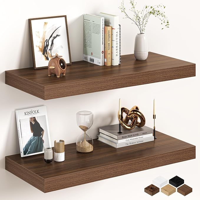32Inch Walnut Floating Shelves for Wall, 12 Inch Deep Shelves for Bedroom by FunMemories