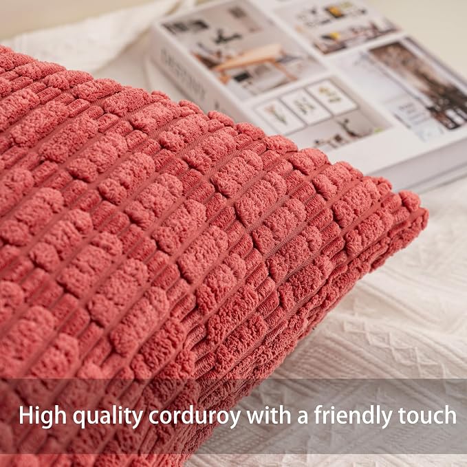 Pack of 2 Corduroy Decorative Throw Pillow Covers 22x22 Inch, Cranberry Red | - Image 2