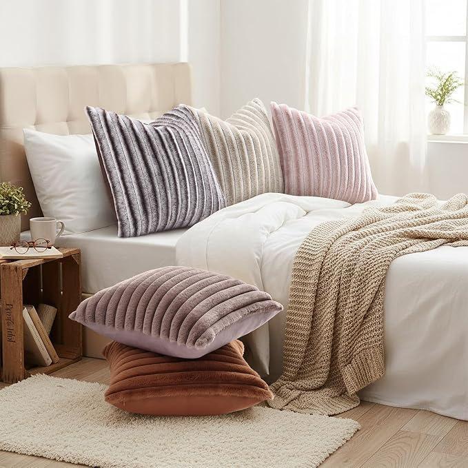 decorUhome Fall Faux Fur Throw Pillow Covers 22x22 Set of 2 Pink White | - Image 6