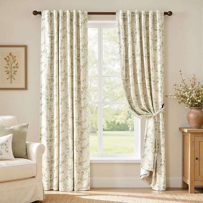 Blackout Vintage Floral Linen Curtains Green on Beige 50×90 2 Panels | Elisa by Lazzzy