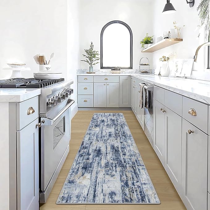 2'6''x8' Runner Rugs Washable Rug: Modern Abstract Hallway Blue Gold Carpet | by GENTDRIZZ