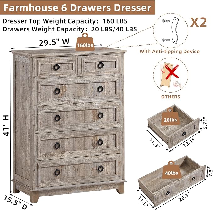 Joaxswe Farmhouse 6 Drawer Dresser - Image 2