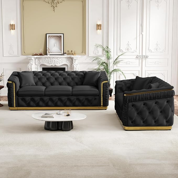 Luxury Chesterfield Sofa Set of 2, Velvet Tufted Couch Victorian Black and Gold - Image 9