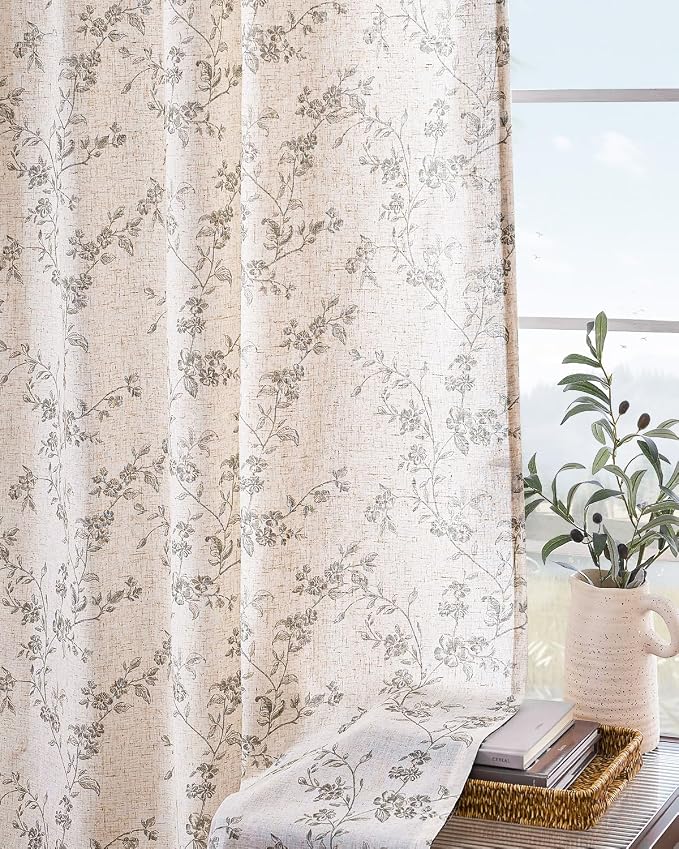 Grey Vintage Floral Linen Curtains Farmhouse 38W X 96L 2 Panels | Elisa Series - Image 8