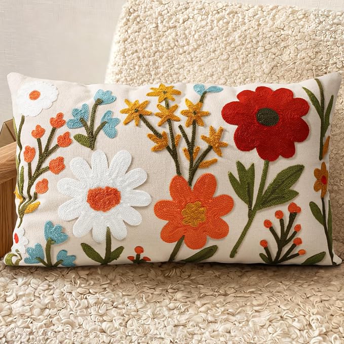 Embroidered Lumbar Pillow Cover 20x12 Inch, Flower Cluster | Decorative Throw by Kokaaee