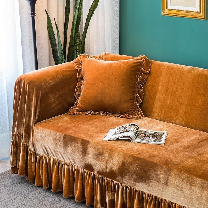 GLORY SEASON Velvet Sofa Cover Soft Decorative Luxurious Solid Exquisite Ruffle - Image 7
