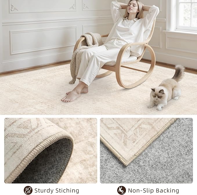 10x14 Area Rugs Living Room: Bedroom Neutral Washable Carpet Beige | Large - Image 4