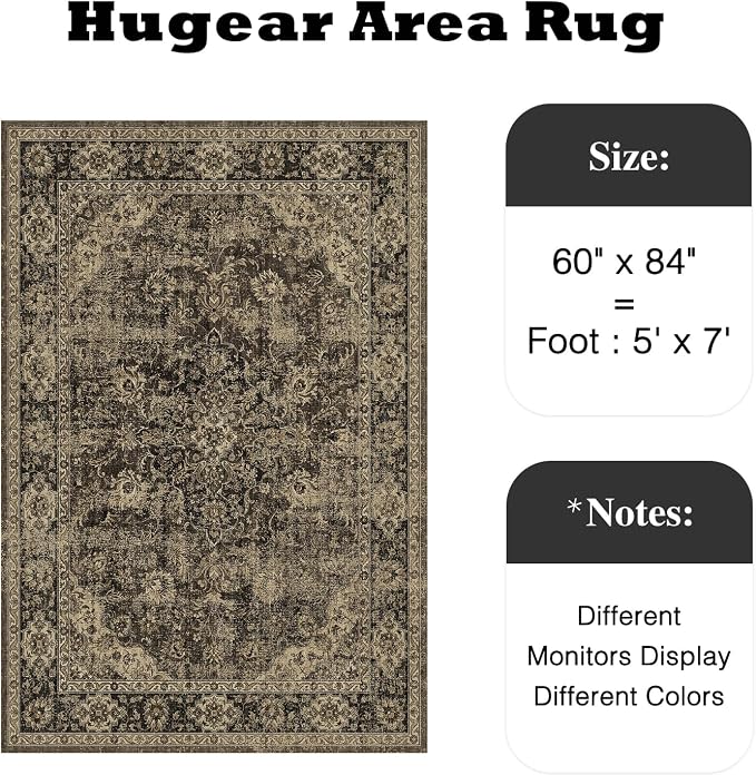 5x7 Brown Retro Floral Washable Area Rug - Image 2