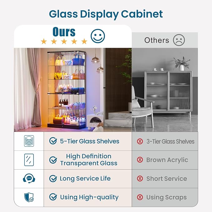 HNEBC 5 Tier Glass Display Cabinet, 66.9" Curio Cabinet - Image 5
