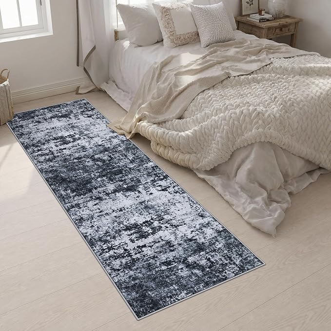 2.6x10 Washable Runner Rug:Modern Abstract Indoor Carpet Black | - Image 4