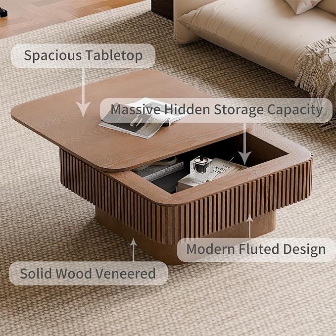 Square Coffee Table for Living Room, Fluted Drum Accent Tea Center Table - Image 4