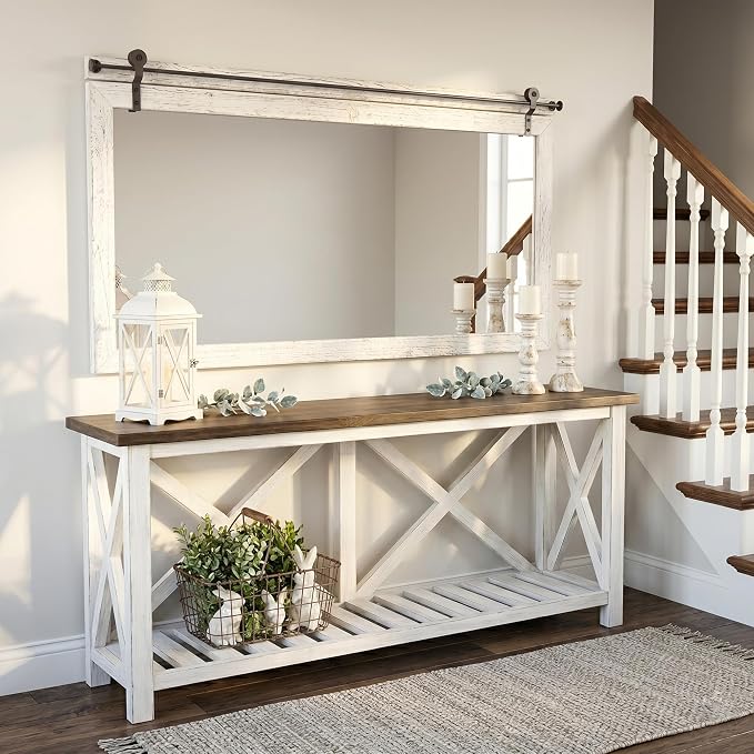 27"x49" Large Whitewashed Barn Door Wall Mirror, Horizontal Solid Wood Framed - Image 2