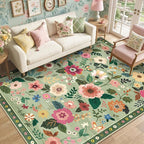 RELEANY Floral Washable 6x9 Area Rugs LightGreen | Flower Carpet Print Boho by RELEANY