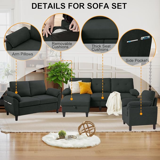 84" Convertible Sectional Sofa Set, 3 Seat L Shaped Couch - Image 4