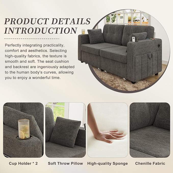 67" Small Loveseat Couch with Storage, USB Charging and Cup Holder, Space - Image 6