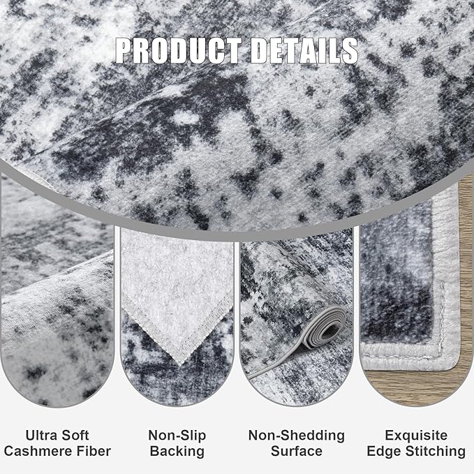 2.6x8 Washable Runner Rug：Modern Abstract Soft Carpet Dark Black | - Image 6