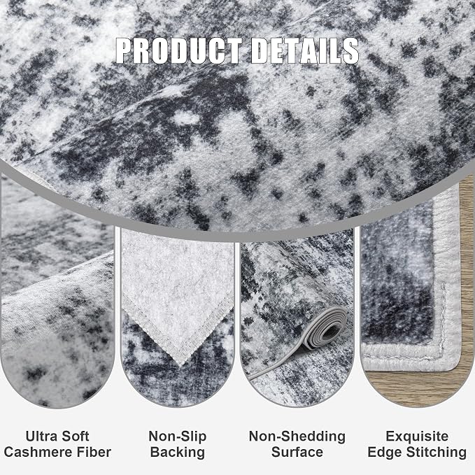2x5 Washable Runner Rug：Modern Abstract Soft Carpet Dark Black | - Image 6