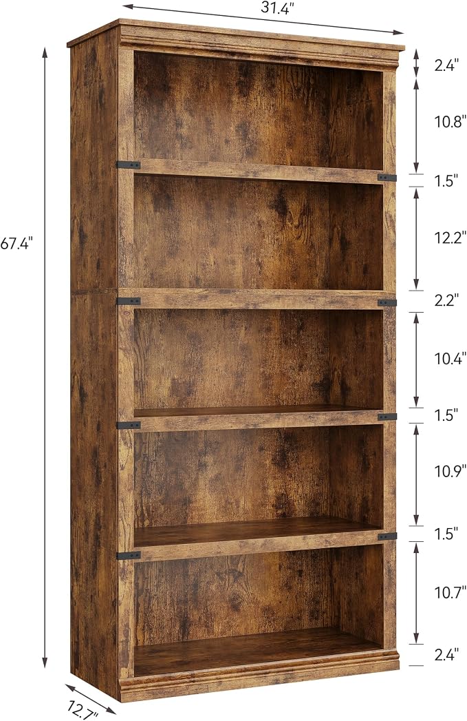GarveeHome 5 Tier Farmhouse Bookcase, 67.4" Tall Book Shelf - Image 2