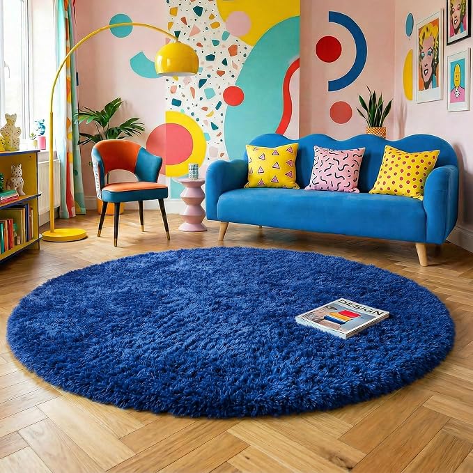 Amdrebio Navy Blue Round Shag Area Rug 4Ft - Image 5