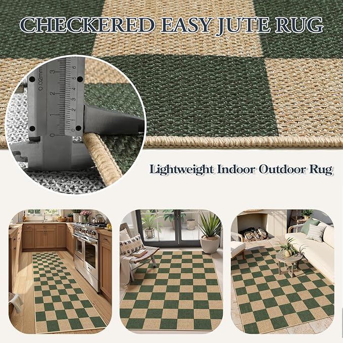 Lahome Checkered Easy Jute Kitchen Runner Rug, 2x8 Outdoor Rugs Washable | - Image 5