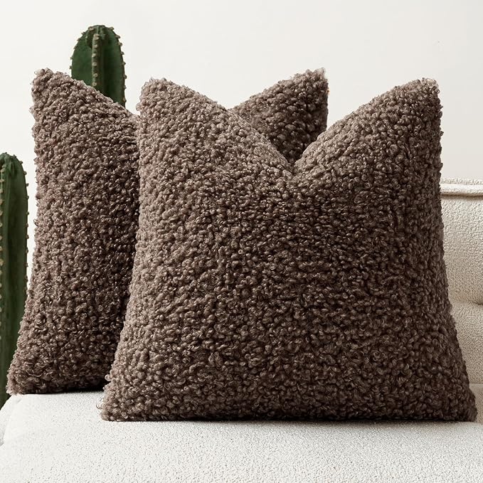 Faux Fur Throw Pillow Covers 20x20 Inch Set of 2 Boucle Neutral Decorative by Woaboy