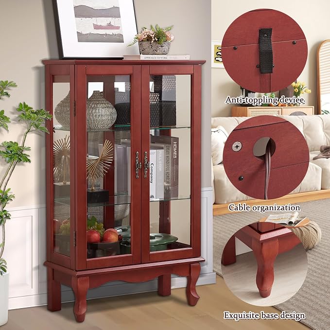 Curio Cabinet With Lighted Tall Leg Glass Door, Antique Display With Mirrored - Image 4