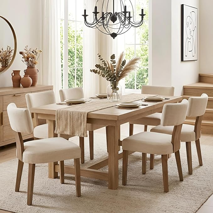HNY Mid Century Modern Dining Chairs Set of 6, Farmhouse Linen Fabric by HNY