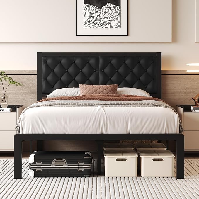 Fluest Full Bed Frame with Headboard PU Leather Upholstered Bed Frame Platform by Fluest