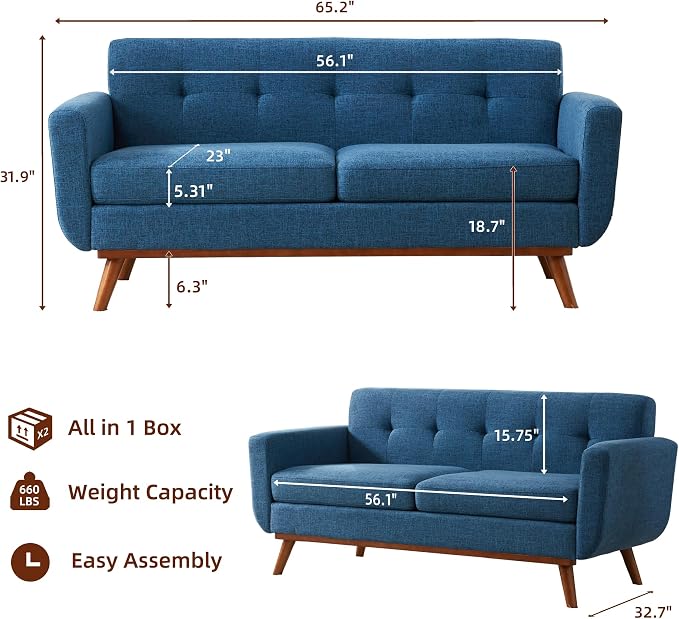 Kingfun 65.2" W Loveseat Sofa, Mid Century Modern Decor Love Seat Couches - Image 2