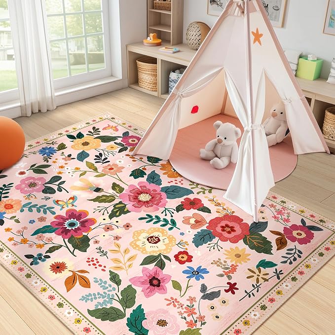 RELEANY Floral Washable 3x5 Area Rugs Pink | Flower Carpet Print Boho Cute Non - Image 8
