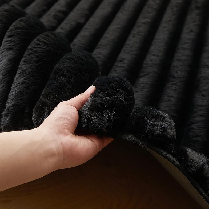 Black Rabbit Striped Plush Rug 4'x6', Fluffy Faux Fur Shaggy Area Rug - Image 3