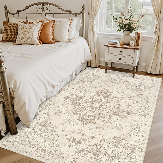6x9 Area Rugs Living Room: Bedroom Washable Carpet Beige/Ivory | Vintage Boho - Image 2