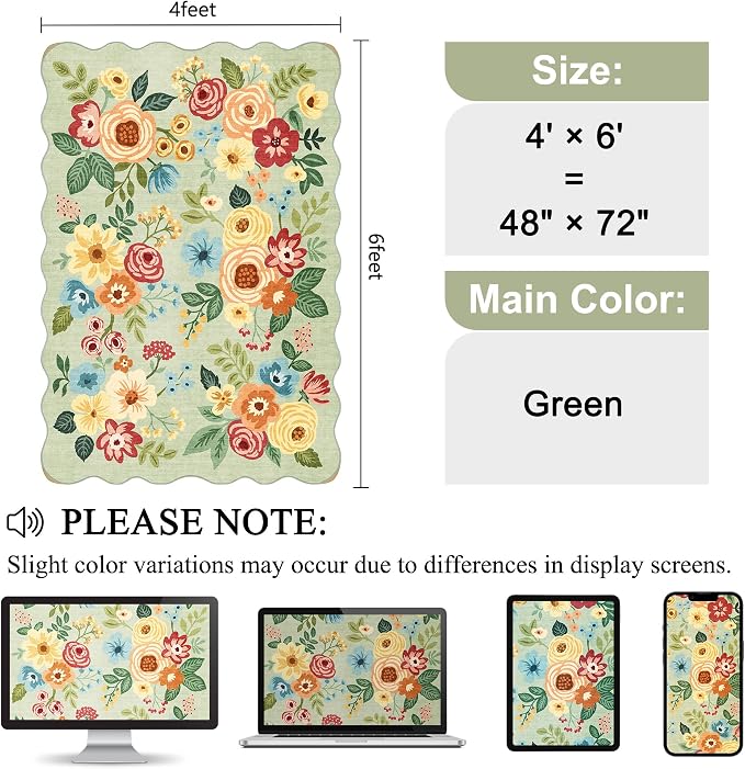 DUKINO 4x6 Area Rug, Non Slip Floral Washable Rug - Image 2