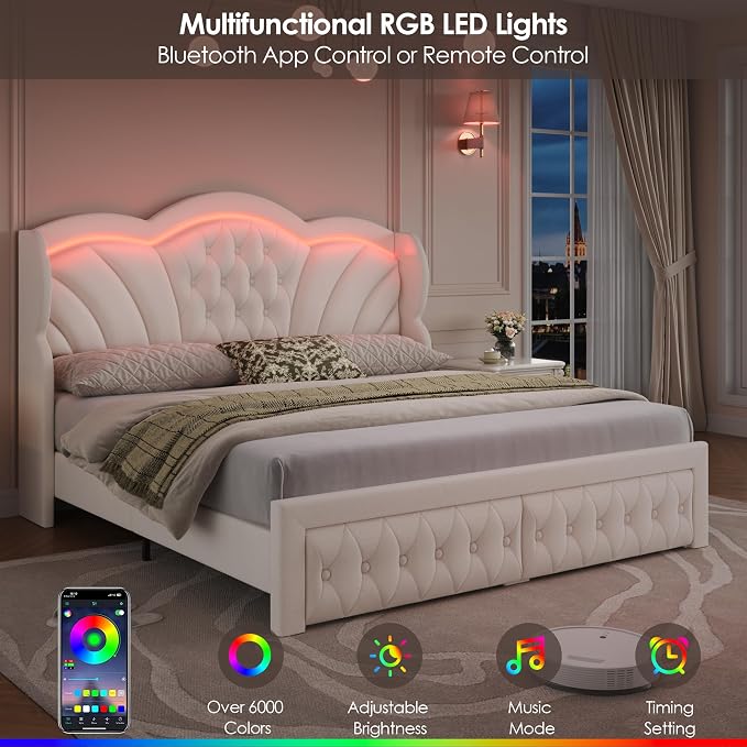 Keyluv Queen Bed Frame with LED Lights and 2 Storage Drawers, Velvet - Image 4