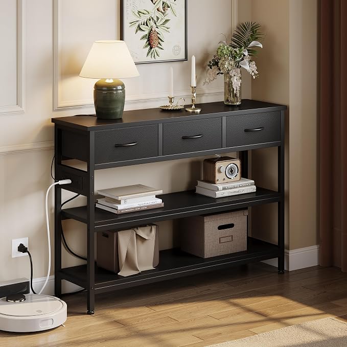 Lulive Entryway Table with Power Outlets, Console Table with 3 Fabric Drawers - Image 3