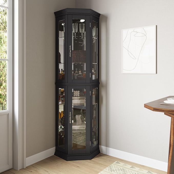 BELLEZE Lighted 3-Side Glass Display Curio Cabinet w/Tempered Glass Doors & - Image 3