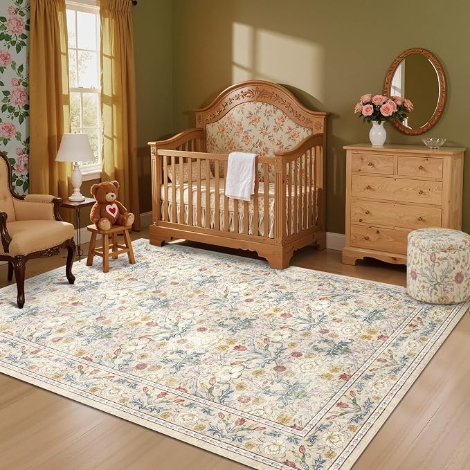GarveeHome Beige Washable Area Rug 5x7, Retro Floral Low Pile Non Slip Living - Image 8